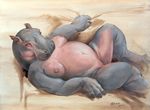  2015 breasts chubby digitigrade eyelashes eyes_closed female grabbing_sheets hippopotamus lying mammal nude on_back pussy scale_(artist) smile solo 