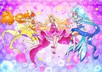  :d amanogawa_kirara aqua_eyes blonde_hair blue_eyes blue_hair boots bow brown_hair choker cure_flora cure_mermaid cure_twinkle earrings flower_earrings gloves go!_princess_precure gradient_hair haruno_haruka holding_hands jewelry kaidou_minami long_hair looking_at_viewer magical_girl masukudo_(hamamoto_hikaru) midriff multicolored_hair multiple_girls navel open_mouth pink_bow pink_hair ponytail precure purple_eyes seashell_earrings skirt smile star star_earrings thigh_boots thighhighs twintails two-tone_hair very_long_hair white_gloves white_legwear 