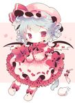  1girl animal_ears bad_id bad_tumblr_id bat_wings blue_hair blush bow cat_ears cat_tail cat_teaser chibi cup dress frilled frilled_shirt frilled_skirt frilled_sleeves frills hat heart heart-shaped_pupils kemonomimi_mode kyou_(nekoneko) looking_at_viewer mob_cap pink_dress puffy_short_sleeves puffy_sleeves red_bow red_eyes red_ribbon remilia_scarlet ribbon ribbon_trim shirt short_hair short_sleeves simple_background skirt skirt_hold solo symbol-shaped_pupils tail too_many too_many_frills touhou wings 