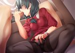  1girl black_legwear breasts censored ckln crotch_seam dress dress_lift fellatio green_eyes green_hair hetero kagiyama_hina masturbation masturbation_through_clothing medium_breasts oral panties panties_under_pantyhose pantyhose penis pointless_censoring red_dress sitting spread_legs thighband_pantyhose touhou underwear 