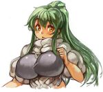  bike_shorts breasts green_hair high_ponytail large_breasts long_hair open_mouth original ponytail sachito sidelocks simple_background solo sumi-chan_(sachito) white_background yellow_eyes 