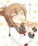  &gt;_&lt; anchor_symbol brown_hair closed_eyes commentary_request eating engiyoshi folded_ponytail food food_in_mouth hair_between_eyes holding_pizza inazuma_(kantai_collection) kantai_collection long_hair long_sleeves neckerchief pizza school_uniform serafuku simple_background slice_of_pizza solo 