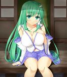  bare_shoulders blush breasts cafeore cleavage detached_sleeves frog frog_hair_ornament green_eyes green_hair hair_ornament highres kochiya_sanae large_breasts long_hair looking_at_viewer navel porch sitting skirt smile snake solo touhou 