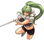  1girl bike_shorts breasts female green_eyes green_hair high_ponytail holding large_breasts long_hair original payot ponytail sachito sidelocks simple_background solo sumi-chan_(sachito) sword very_long_hair weapon white_background 