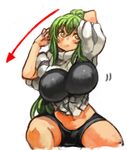  bike_shorts blush breasts directional_arrow green_hair groin high_ponytail huge_breasts long_hair looking_up navel original ponytail sachito sidelocks simple_background sitting solo sumi-chan_(sachito) very_long_hair white_background yellow_eyes 