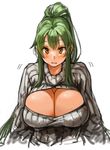  blush breasts cleavage cleavage_cutout green_hair huge_breasts long_hair long_sleeves looking_at_viewer meme_attire motion_lines open-chest_sweater original ponytail ribbed_sweater sachito sidelocks simple_background solo sumi-chan_(sachito) sweater turtleneck white_background yellow_eyes 