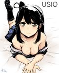 artist_name black_eyes black_hair blush breasts character_name cleavage collarbone downblouse foreshortening kantai_collection kneehighs kunreishiki light_smile long_hair looking_at_viewer lying medium_breasts off_shoulder on_bed on_stomach signature sketch solo suzumura_kirie ushio_(kantai_collection) 