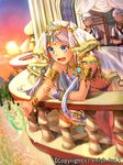  2boys arabian_clothes armlet bad_id bad_pixiv_id balcony beach blue_eyes bracelet character_request dragon_tactics dutch_angle ichinose777 jewelry lens_flare long_hair multiple_boys navel necklace official_art open_mouth outdoors palm_tree ring short_hair sky solo_focus sun tree water 