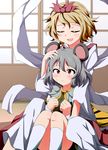  animal_ears animal_print blonde_hair blush bwell capelet closed_eyes commentary_request grey_hair hair_ornament hand_on_another's_head long_sleeves mouse_ears multicolored_hair multiple_girls nazrin open_mouth petting pink_eyes shawl sitting smile streaked_hair tiger_print toramaru_shou touhou wide_sleeves 