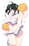  ahoge bad_id bad_pixiv_id banned_artist black_eyes black_hair blush breasts cheerleader cleavage cleavage_cutout groin hair_ribbon heart heart-shaped_pupils heart_cutout highres large_breasts looking_at_viewer midriff navel no_bra no_panties open_mouth original pom_poms ribbon short_hair short_twintails simple_background skirt sleeveless solo sweat symbol-shaped_pupils twintails underboob white_background yuzuha 