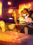  2018 4_toes 5_fingers ailurid anthro barefoot blue_eyes clothed clothing digital_media_(artwork) inside lapres male mammal red_panda sitting solo toes 