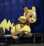  2018 big_butt black_nose butt cleft_tail clothed clothing cosplay_pikachu female feral footwear lkiws locker_room looking_back mammal mask motion_lines nintendo open_mouth pikachu pikachu_libre pok&eacute;mon pok&eacute;mon_(species) smile solo spanking video_games 