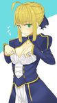  ahoge artoria_pendragon_(all) blonde_hair blush breast_conscious breasts cleavage cleavage_cutout collarbone dress dress_tug embarrassed fate/stay_night fate_(series) flying_sweatdrops green_eyes hair_ribbon highres juliet_sleeves kosdsp long_sleeves medium_breasts puffy_sleeves ribbon saber shiny shiny_hair short_hair solo 