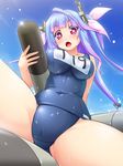  blue_hair breasts hal_(21) highres i-19_(kantai_collection) kantai_collection large_breasts one-piece_swimsuit open_mouth purple_eyes school_swimsuit spread_legs star star-shaped_pupils swimsuit symbol-shaped_pupils torpedo 