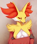  abstract_background anthro anthrofied breasts claws crossed_arms delphox female looking_at_viewer nintendo nipples pok&eacute;mon red_eyes solo tanequil video_games 