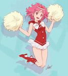  1girl :d bad_id bad_pixiv_id boots bow cheerleader commentary_request gundam gundam_g_no_reconguista hair_ornament highres jumping knee_boots looking_at_viewer noredo_nug open_mouth pink_eyes pink_hair pom_pom_(cheerleading) revision short_hair signature skirt sleeveless smile solo umeno_ryuuji 