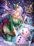  bad_id bad_pixiv_id boots character_request christmas company_name cross dragon_tactics dutch_angle gloves green_legwear ichinose777 long_hair mistletoe official_art open_mouth scarf snow snowing snowman staff striped striped_legwear thighhighs vertical-striped_legwear vertical_stripes white_gloves yellow_eyes 