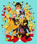  bad_id bad_pixiv_id confetti cosplay crossover dio_brando dio_brando_(cosplay) gen_1_pokemon gift jojo_no_kimyou_na_bouken kuujou_joutarou kuujou_joutarou_(cosplay) male_focus mikannu multiple_boys parody pikachu pokemon pokemon_(creature) star_platinum stardust_crusaders too_many too_many_pikachu 