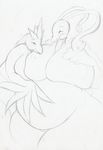  altaria anthro articuno avian big_breasts breasts chubby duo eos9_(artist) eyes_closed female monochrome nintendo plain_background pok&eacute;mon sketch smile video_games 