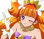  ;) amanogawa_kirara bare_shoulders choker cure_twinkle detached_collar earrings gloves go!_princess_precure index_finger_raised jewelry kagami_chihiro long_hair looking_at_viewer magical_girl multicolored_hair one_eye_closed orange_hair precure purple_eyes red_hair smile solo star star_earrings streaked_hair twintails two-tone_hair upper_body white_gloves 