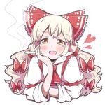  :d alison_(alison_air_lines) ascot bangs blush bow chin_rest cigarette drugs elbow_rest eyebrows_visible_through_hair frilled_bow frills fujiwara_no_mokou hair_bow heart long_hair marijuana open_mouth red_eyes red_neckwear simple_background smile smoking solo touhou upper_body white_background white_hair 