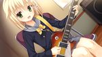  amplifier blonde_hair bow bowtie braid chair electric_guitar game_cg green_eyes guitar highres instrument kariya_wakana kobuichi legs les_paul looking_at_viewer muririn open_mouth playing sanoba_witch school_uniform short_hair sitting skirt smile solo thighs 