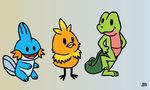  ambiguous_gender avian bird birdcheese black_eyes chicken cute dancing gecko group lizard mudkip nintendo open_mouth orange_feathers plain_background pok&eacute;mon reptile scalie smile tongue torchic treecko video_games 