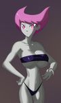  alternate_breast_size bare_shoulders bikini_bottom blush_stickers breasts cleavage cowboy_shot dc_comics grey_skin jinx large_breasts morganagod pink_eyes pink_hair short_hair solo spiked_hair standing strapless teen_titans tubetop underboob 