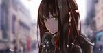  blurry brown_hair cherry_blossoms city earrings green_eyes headphones headphones_around_neck idolmaster idolmaster_cinderella_girls jewelry long_hair looking_at_viewer lowlight_kirilenko petals profile revision shibuya_rin smile snow solo 