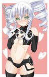  :3 ahhien black_legwear black_sister blush breasts commentary_request drill_hair elbow_gloves gloves green_eyes hands_on_own_chest heart heart-shaped_pupils highres looking_at_viewer navel neptune_(series) small_breasts solo symbol-shaped_pupils thighhighs twin_drills white_hair 