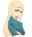  blonde_hair eyebrows glasses long_hair long_sleeves mune open_mouth perrine_h_clostermann simple_background solo strike_witches white_background world_witches_series yellow_eyes 