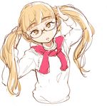  alternate_hairstyle blonde_hair eyebrows glasses holding holding_hair long_hair long_sleeves looking_at_viewer mune open_mouth perrine_h_clostermann simple_background solo strike_witches sweater twintails white_background world_witches_series yellow_eyes 