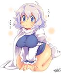  2015 :o blue_eyes bottomless breasts dated dress_shirt eyebrows eyebrows_visible_through_hair hips iroyopon kneeling large_breasts lavender_hair letty_whiterock long_sleeves no_hat no_headwear puffy_sleeves scarf shirt short_hair signature simple_background socks solo text_focus thick_thighs thighs touhou uu~ vest white_background white_legwear white_scarf 