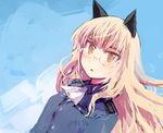  animal_ears ascot blonde_hair cat_ears glasses long_hair lowres military military_uniform ohashi_(hashidate) open_mouth perrine_h_clostermann solo strike_witches uniform world_witches_series yellow_eyes 