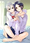  bangs barefoot bed black_eyes blue_eyes gustav_(telomere_na) hayami_kanade hug idolmaster idolmaster_cinderella_girls long_legs magazine multiple_girls parted_bangs pillow shiomi_shuuko shirt short_hair silver_hair sitting skirt smile yellow_eyes 