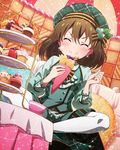  ^_^ beamed_eighth_notes blush brown_hair cake closed_eyes crepe cup cupcake dutch_angle eating food food_on_face foodgasm hat idolmaster idolmaster_million_live! musical_note nagayoshi_subaru official_art pastry solo teacup tiered_tray wafer_stick 