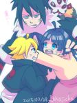  1girl 2boys ahoge black_hair blonde_hair fingerless_gloves fox fox_mask fur_trim gloves hug kajicka mask menma_(naruto) multiple_boys naruto naruto:_road_to_ninja purple_hair spiked_hair uzumaki_boruto uzumaki_himawari whiskers 