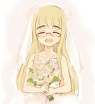  :d blonde_hair bouquet bridal_veil closed_eyes collarbone dress eyebrows flower glasses long_hair mune open_mouth perrine_h_clostermann smile solo strike_witches veil wedding_dress world_witches_series 