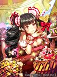  bad_id bad_pixiv_id black_hair blush breasts cake character_request cleavage company_name dragon_tactics dutch_angle food heart high_heels ichinose777 kitchen_knife large_breasts long_hair lying official_art on_stomach smile solo twintails 