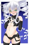  ahhien anger_vein angry black_legwear black_sister blush breasts drill_hair elbow_gloves gloves green_eyes hands_on_own_chest highres looking_at_viewer navel neptune_(series) small_breasts solo thighhighs twin_drills white_hair 