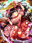  :t armpits bad_id bad_pixiv_id bare_shoulders black_hair blush bow breasts butter_knife character_request company_name cream dragon_tactics dress food food_on_face frilled_dress frills heart heart_cutout ichinose777 large_breasts long_hair official_art pout ribbon solo striped striped_bow striped_legwear striped_ribbon twintails vertical-striped_legwear vertical_stripes 