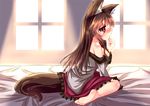  animal_ears bare_shoulders barefoot bed blush breasts brown_hair dress finger_in_mouth imaizumi_kagerou karasuma_amiru large_breasts long_hair looking_away red_eyes sitting solo tail touhou wariza wolf_ears wolf_tail 