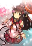  bad_id bad_pixiv_id breasts brown_eyes brown_hair ccaw cherry_blossoms flower hair_flower hair_ornament highres kantai_collection large_breasts long_hair miniskirt oriental_umbrella pleated_skirt ponytail red_umbrella skirt smile solo umbrella yamato_(kantai_collection) 