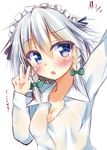  absurdres blue_eyes blush bow braid hair_bow highres izayoi_sakuya kuzumomo maid_headdress open_collar shirt silver_hair solo sweatdrop touhou twin_braids v 