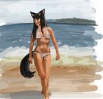  2011 anthro beach bikini black_fur black_hair bra breasts canine clothed clothing female fur hair mammal navel nipples painting_(artwork) raptor007 sand seaside skimpy sky smile song swimsuit traditional_media_(artwork) translucent underwear water 