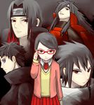  1girl 4boys artist_request dark_background forehead_protector glasses hair_over_one_eye high_collar highres multiple_boys naruto naruto_shippuuden red_eyes rinnegan sharingan spiked_hair symbol-shaped_pupils uchiha_itachi uchiha_madara uchiha_obito uchiha_sarada uchiha_sasuke 