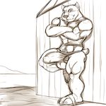  2012 aaron_(artist) abs anthro balls black_and_white canine clothing dog dripping erection looking_at_viewer male mammal monochrome muscles outside penis piercing pitbull precum sandals shed solo thong vein vest 