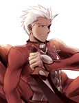  archer axtame brown_eyes dark_skin dark_skinned_male dual_wielding fate/stay_night fate_(series) holding holding_sword holding_weapon kanshou_&amp;_bakuya male_focus reverse_grip solo sword weapon white_hair 