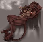  2014 brown_hair ear_piercing explicital feather feline hair lion male mammal piercing reclining sheath smoking solo soun tribal 