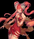  bad_id bad_pixiv_id bare_shoulders black_background closed_eyes covered_navel cowboy_shot dress flower hair_flower hair_ornament halterneck jewelry lips long_hair million_yaanyi na_in-sung red_dress red_hair skull skull_hair_ornament solo tattoo twintails very_long_hair 